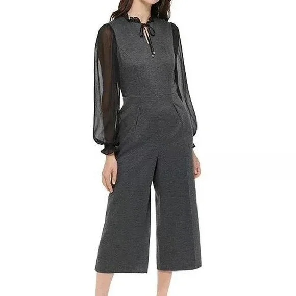 Tommy Hilfiger Women's Dark Gray Wide Leg Jumpsuit Sheer Sleeve Tie Neck Size 12 - Picture 6 of 6